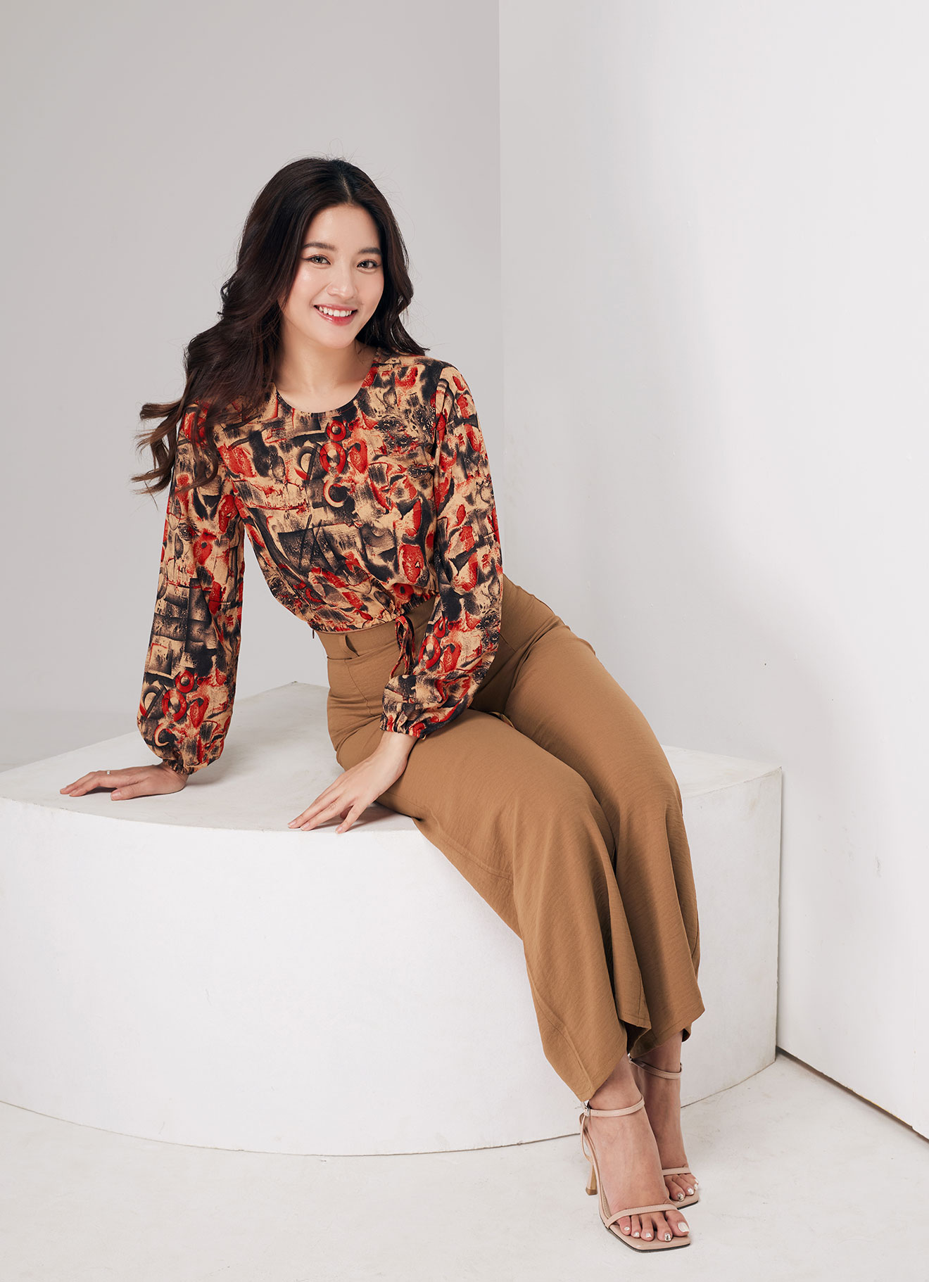 Fiery-Red by Printed Blouse