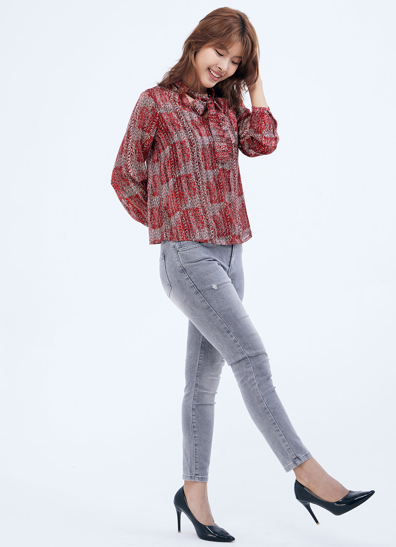 Chinese-Red by Long Sleeve Blouse