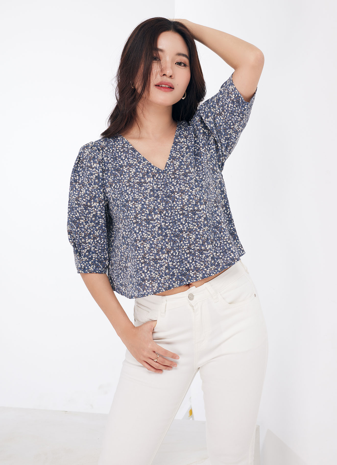 Country-Blue  by V-Neck Blouse