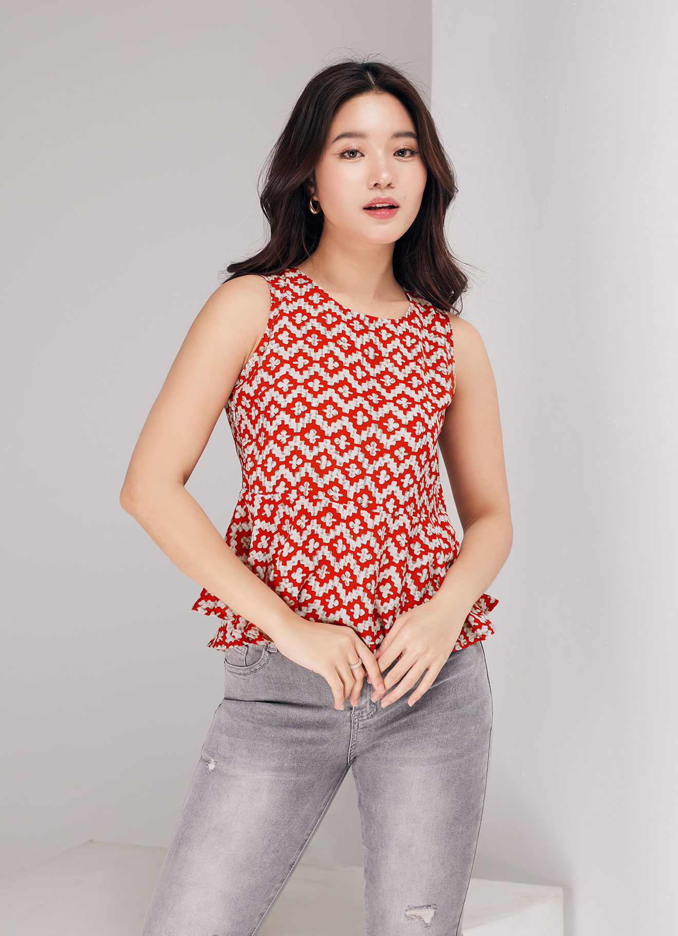 Fiery-Red  by Sleeveless Blouse