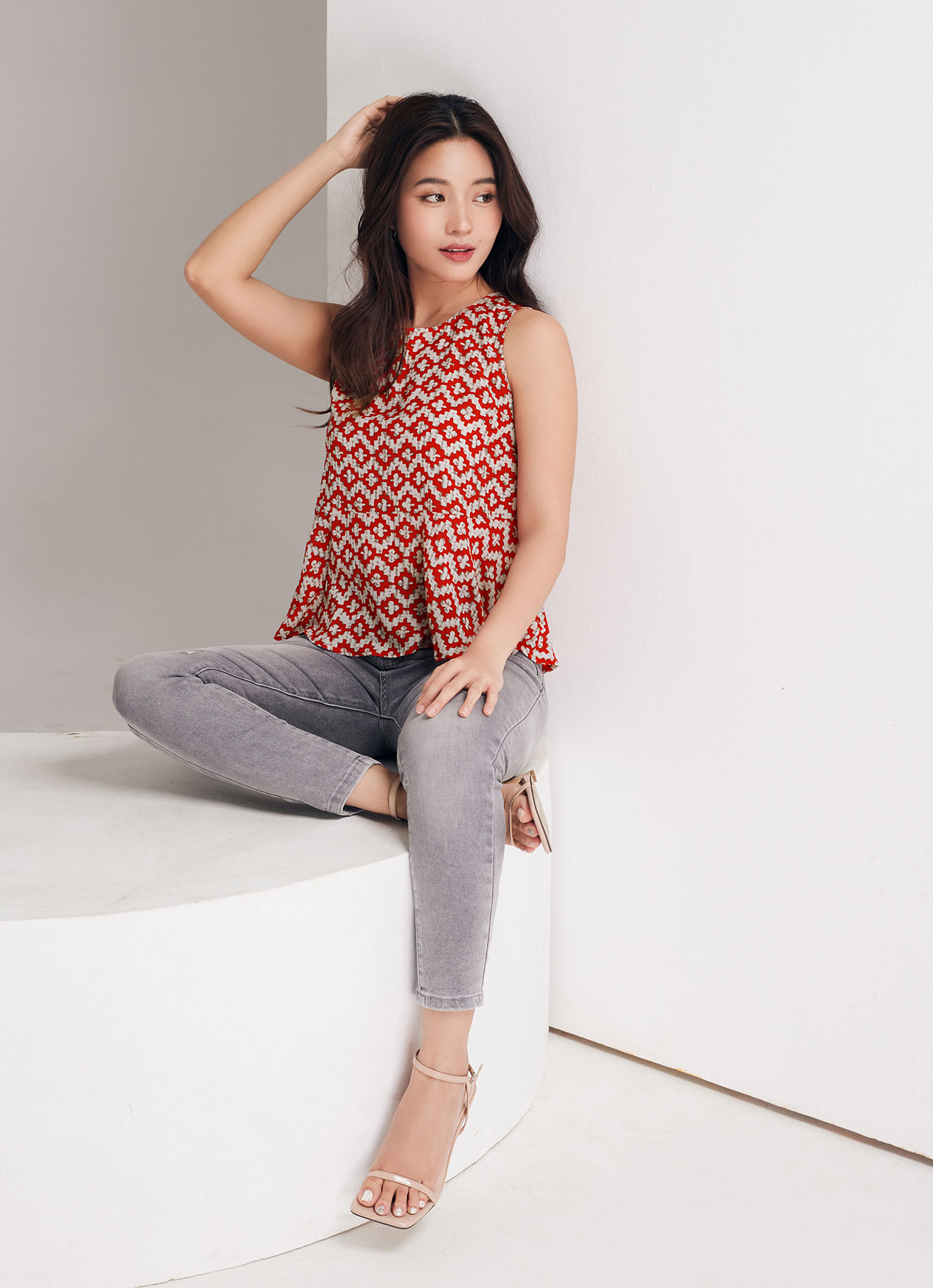 Fiery-Red  by Sleeveless Blouse
