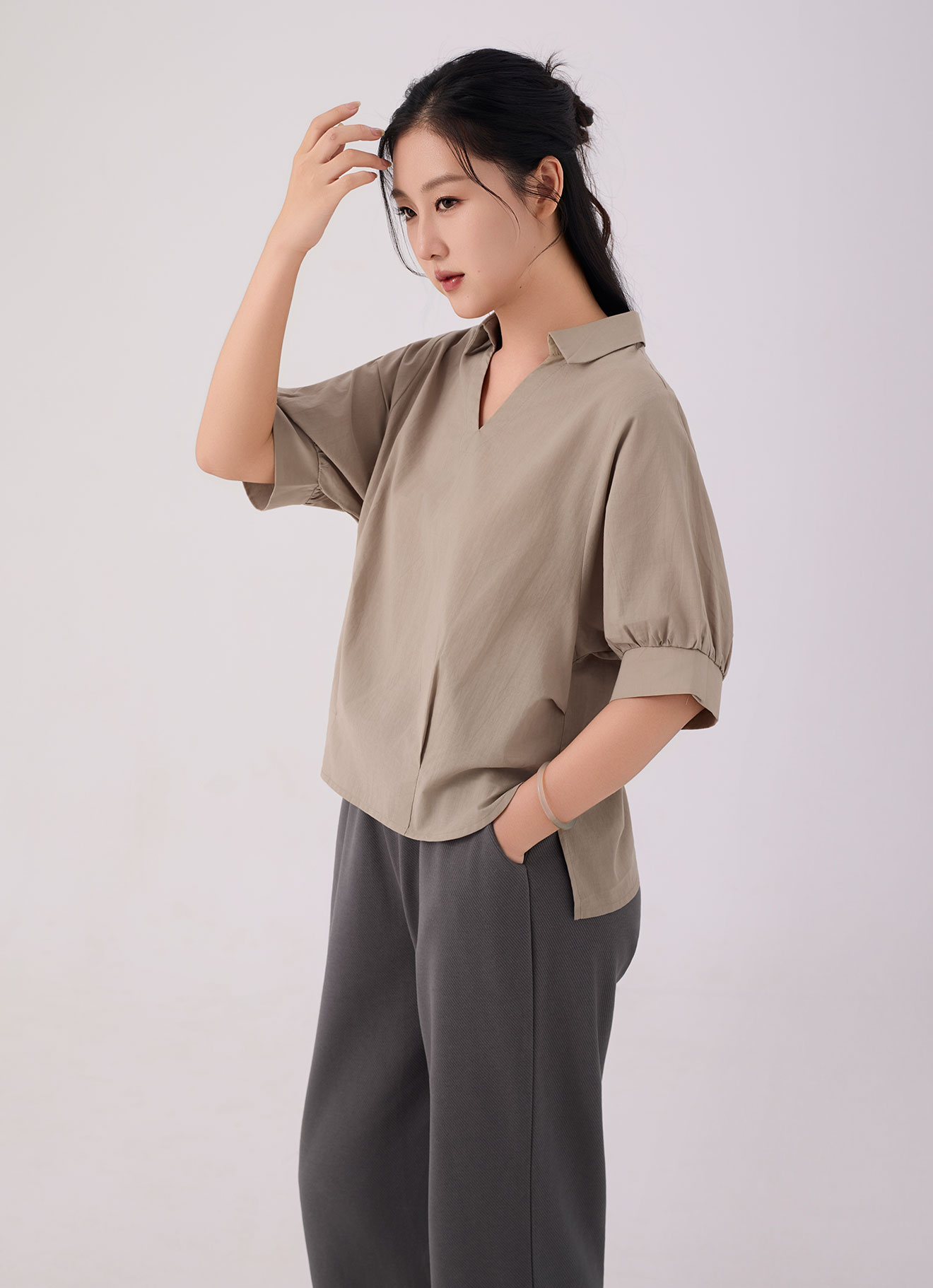 Oxford-Tan by Sleeve Blouse