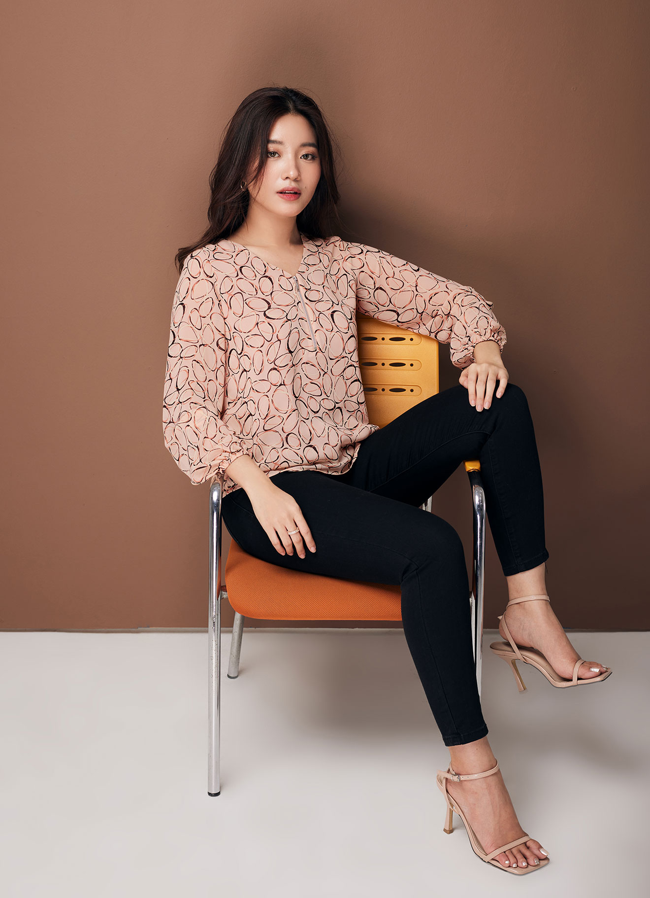 Pale-Peach  by Long Sleeve Blouse