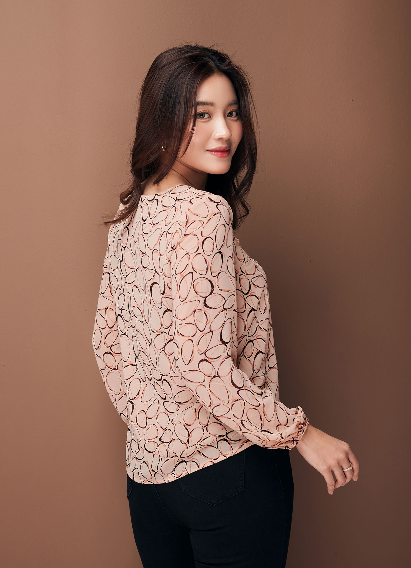 Pale-Peach  by Long Sleeve Blouse
