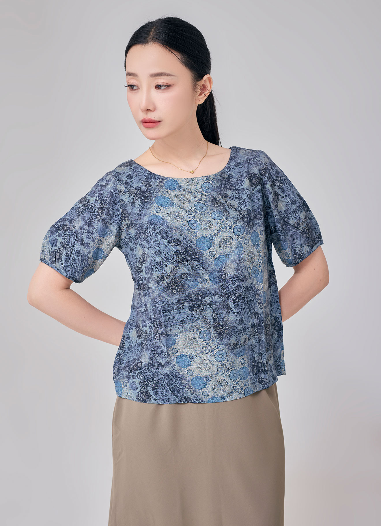 Provincial-Blue by Round-Neck Blouse
