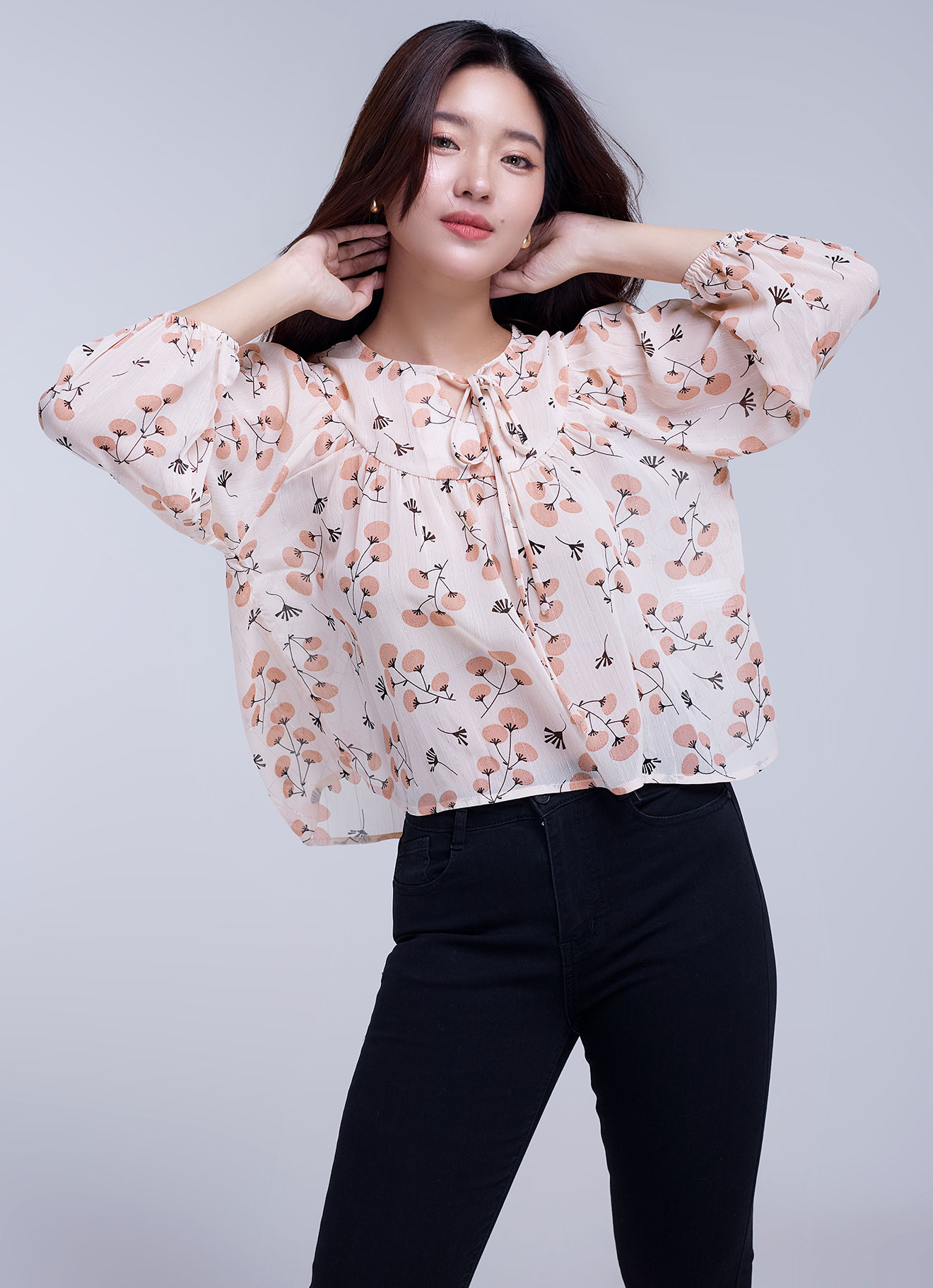 Shrimp by Printed Blouse