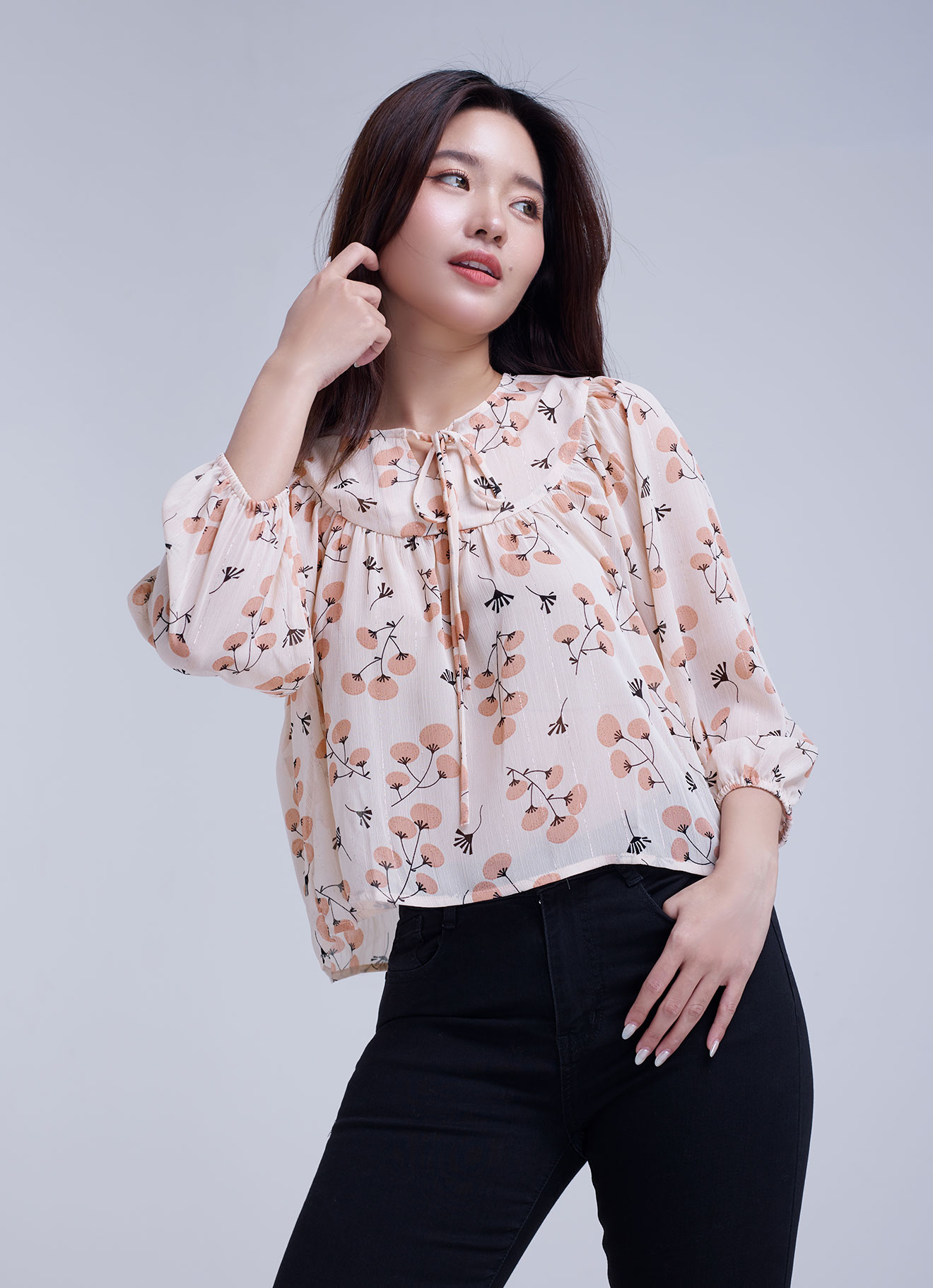 Shrimp by Printed Blouse