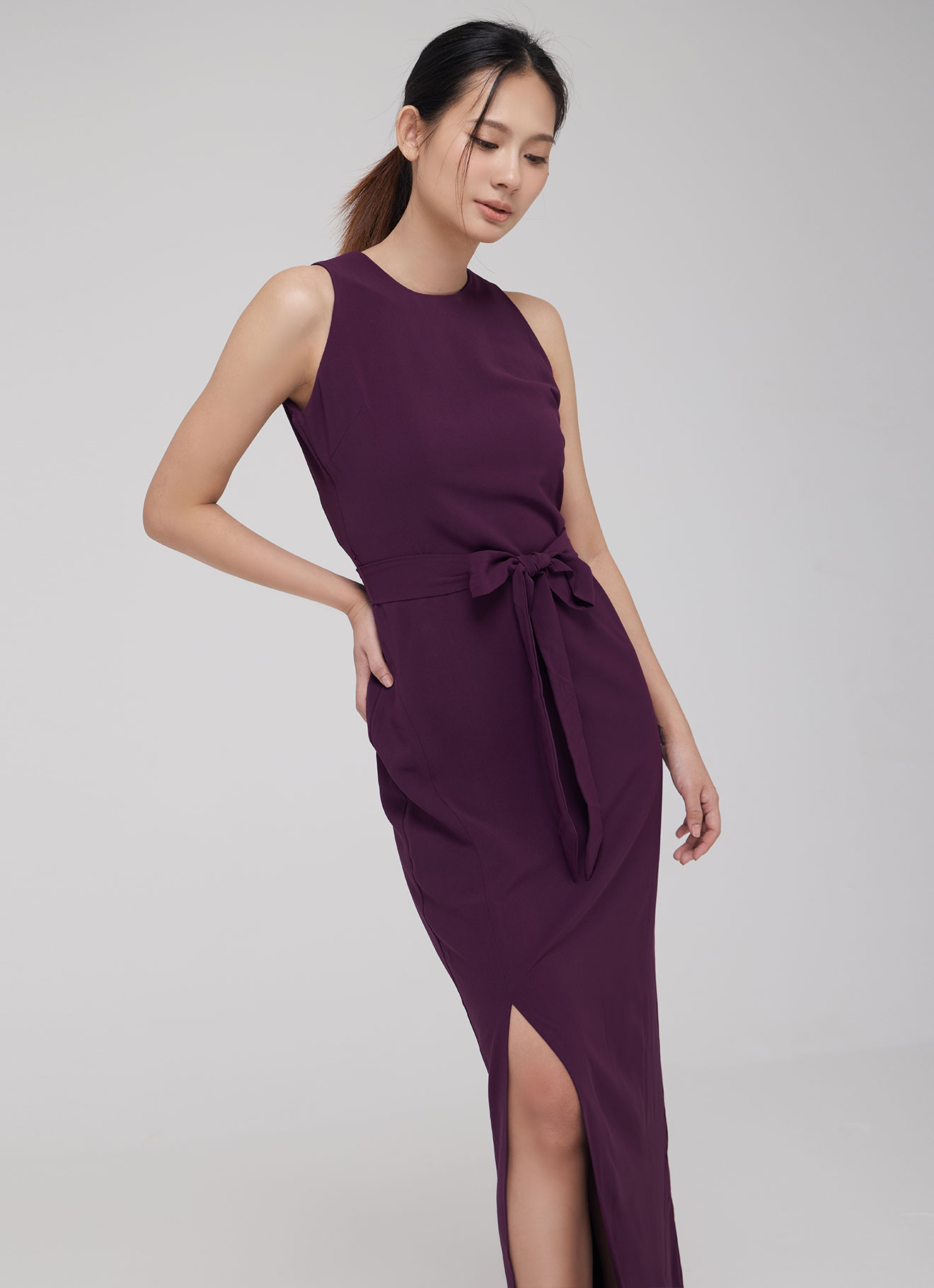 Italian-Plum by Tie-Belt Dress