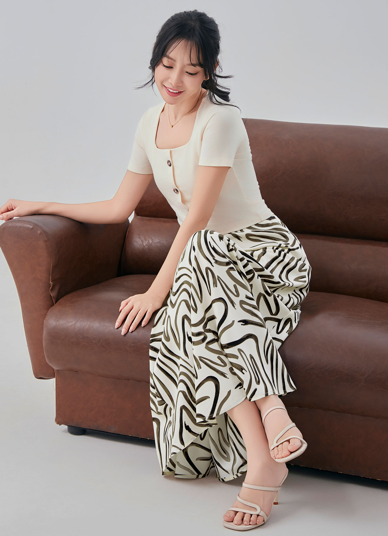 Antique-White by Printed A-Line Skirt
