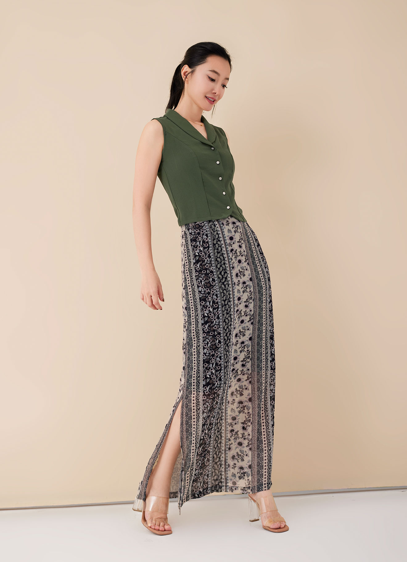 Asparagus-Green by Floral Printed Skirt