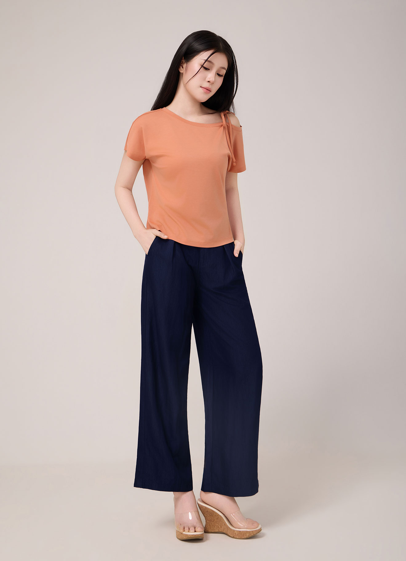 Coral-Gold  by One Shoulder Tie Top