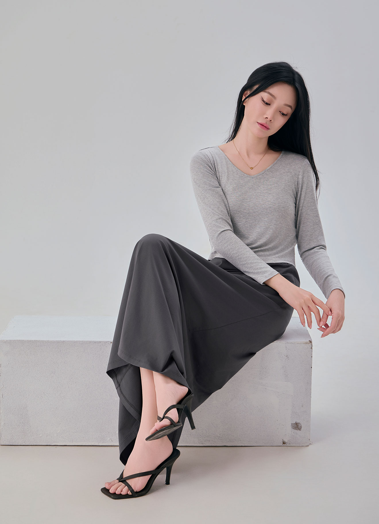 Dark-Gull-Gray by Plain Midi Skirt
