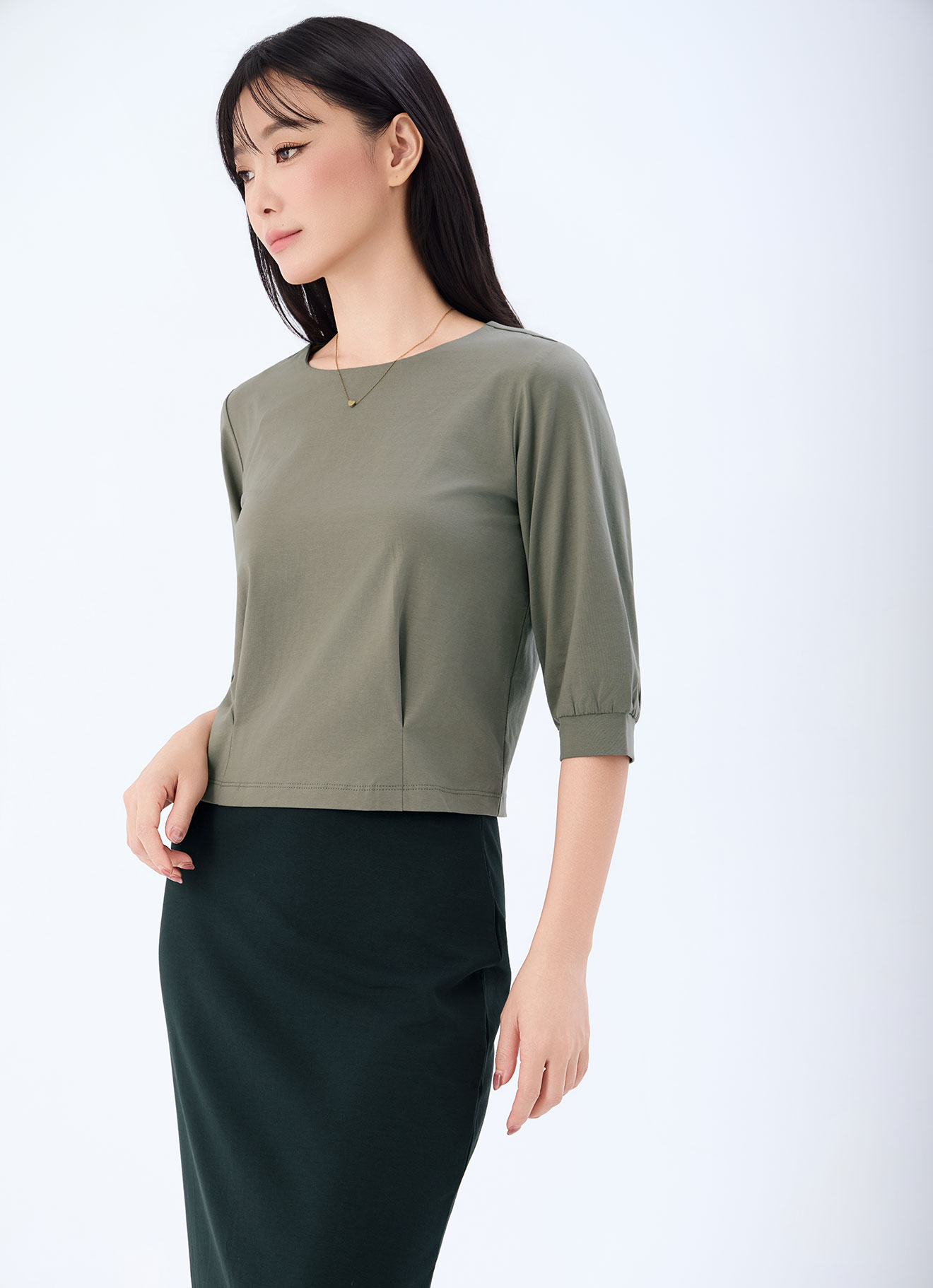 Dusky-Green by Round-Neck Blouse