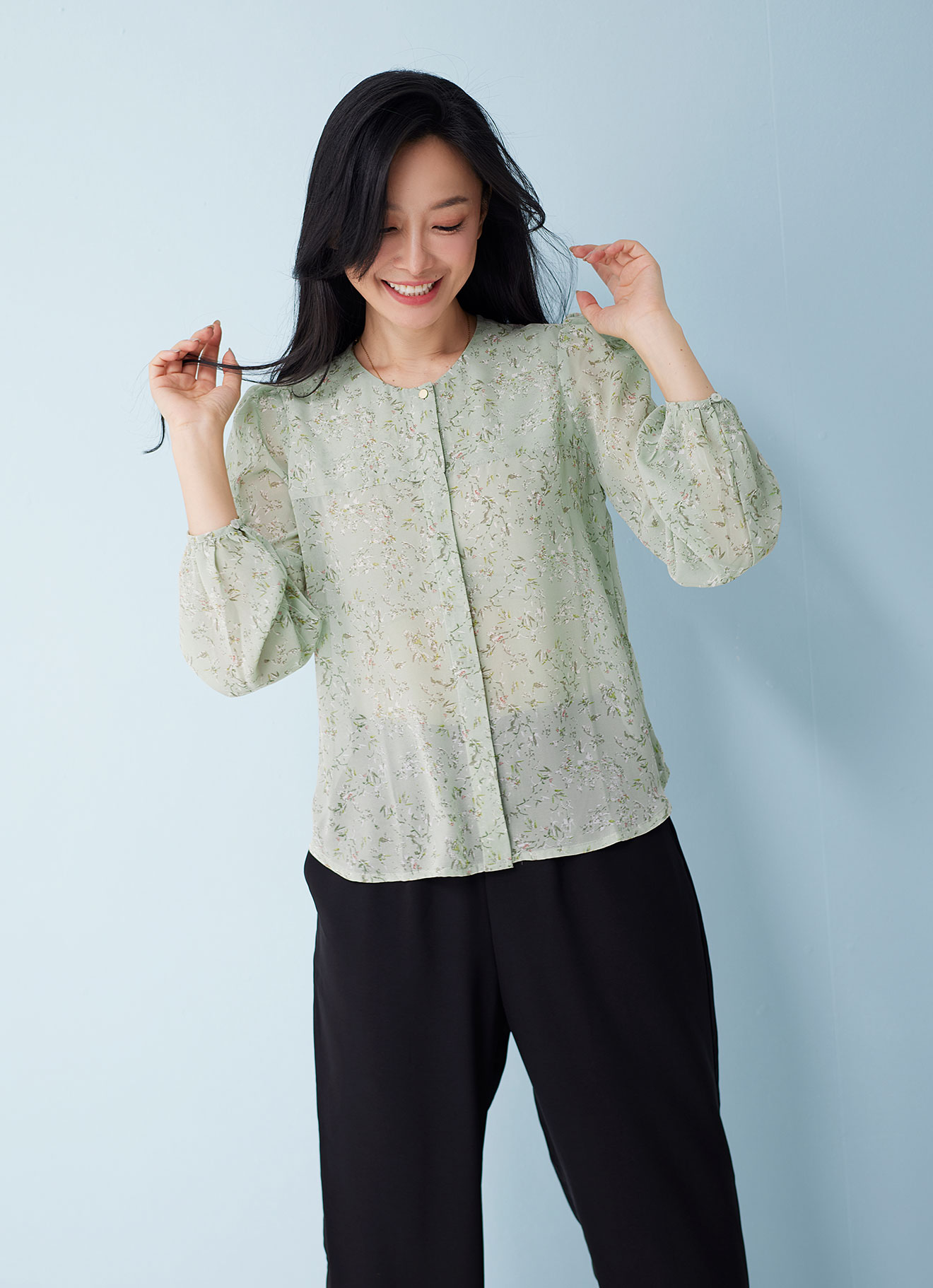 Fog-Green by Long Sleeve Blouse
