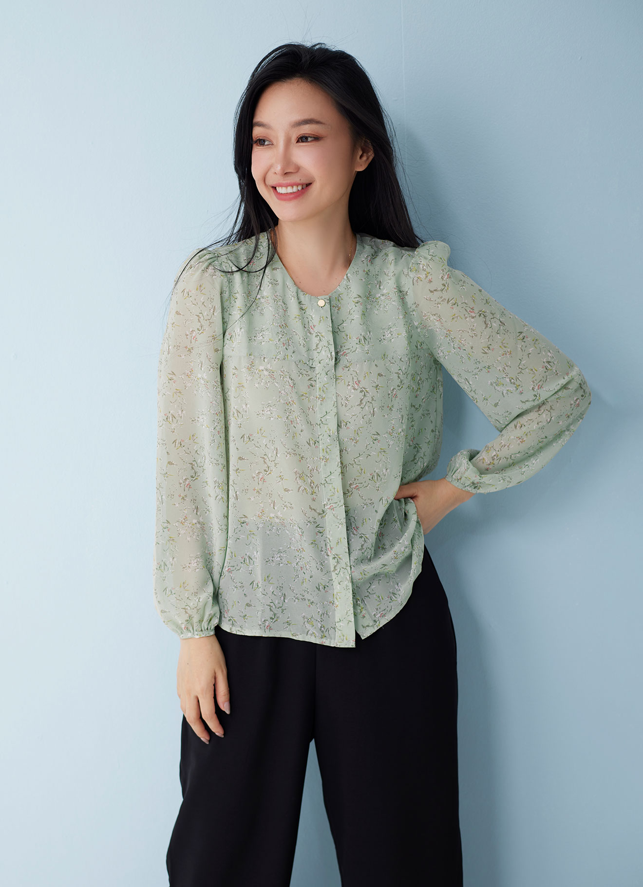 Fog-Green by Long Sleeve Blouse