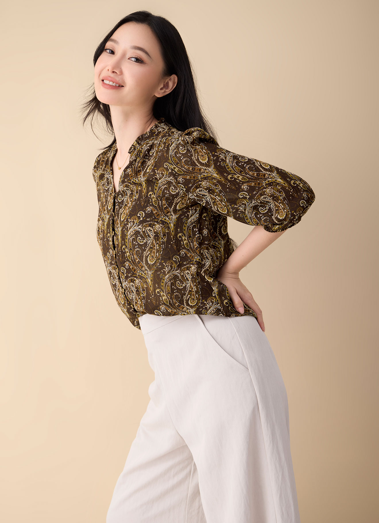 Golden-Brown by Printed Blouse