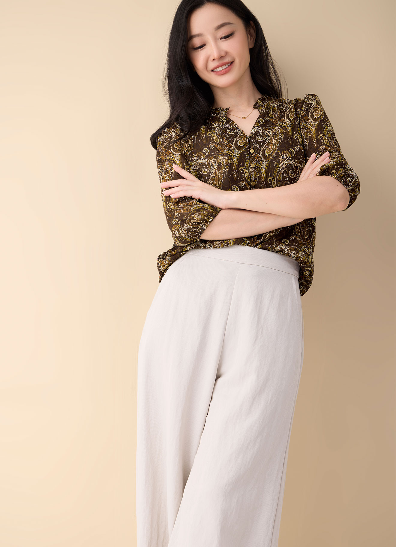 Golden-Brown by Printed Blouse