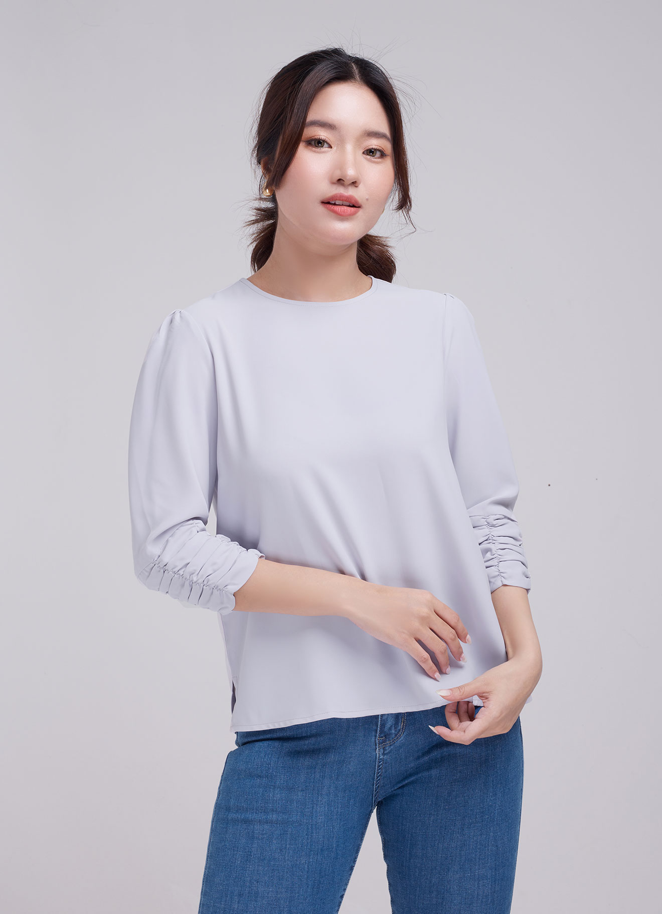 Gray-Lilac by Round-Neck Blouse