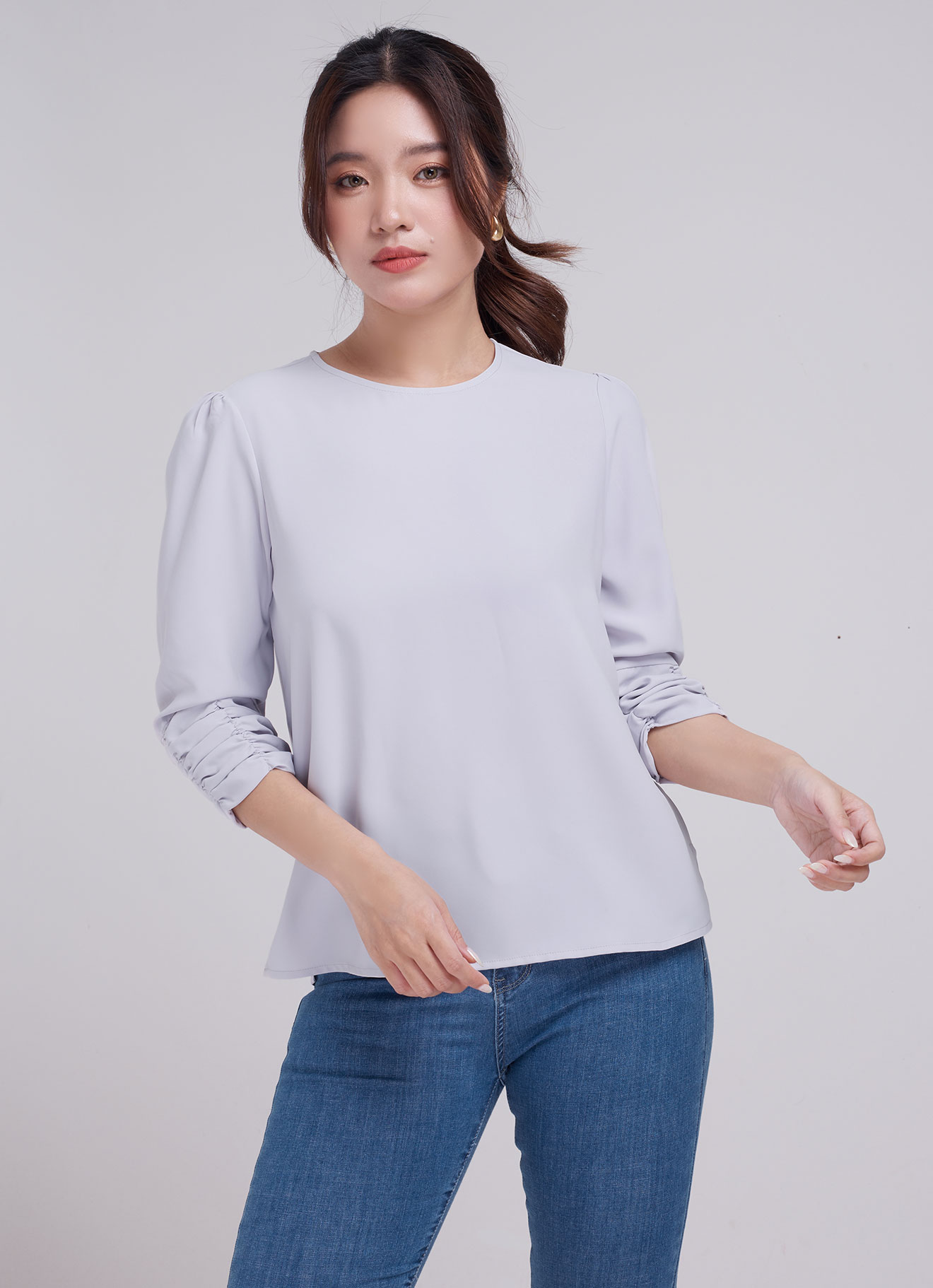 Gray-Lilac by Round-Neck Blouse