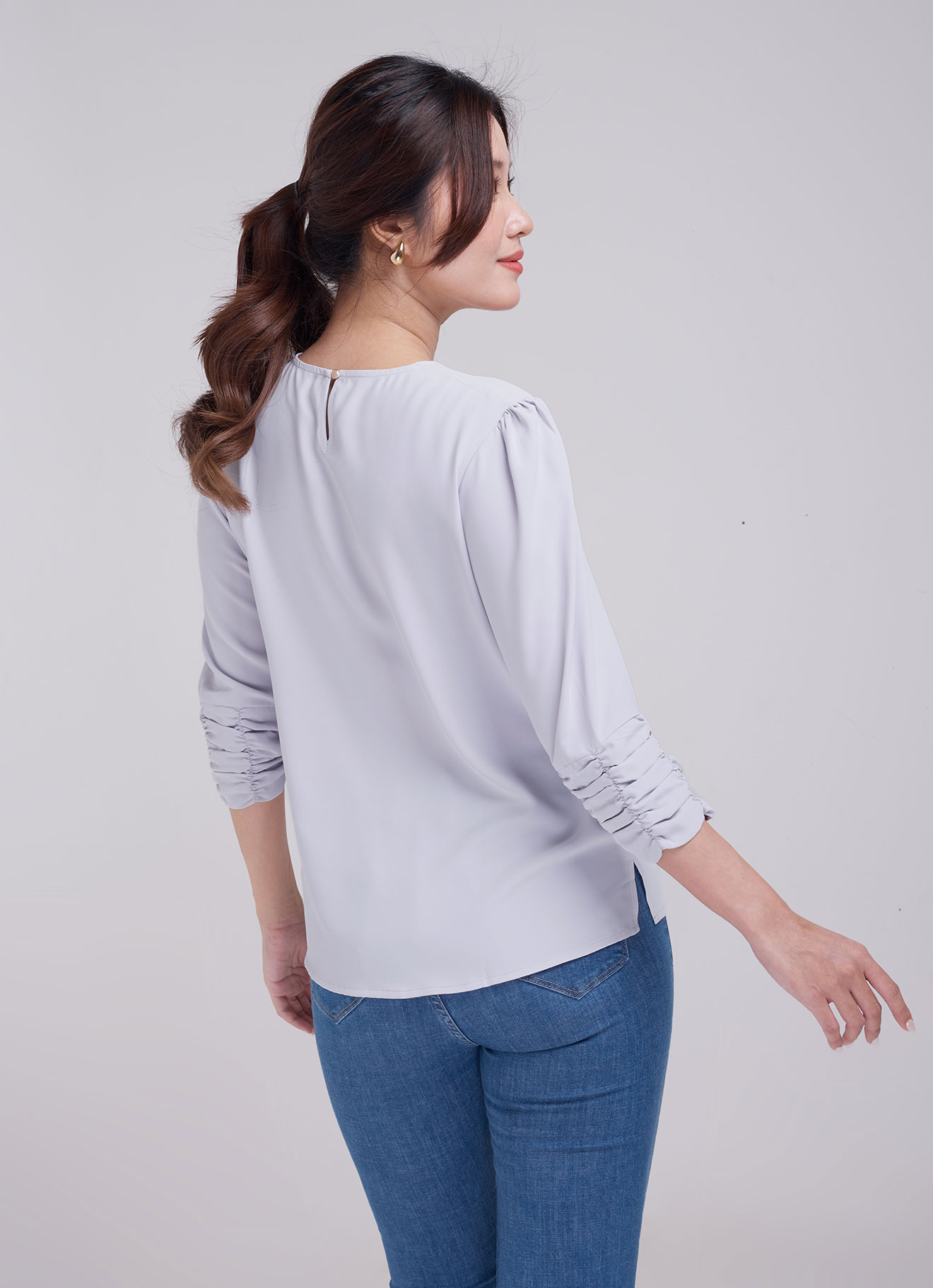 Gray-Lilac by Round-Neck Blouse