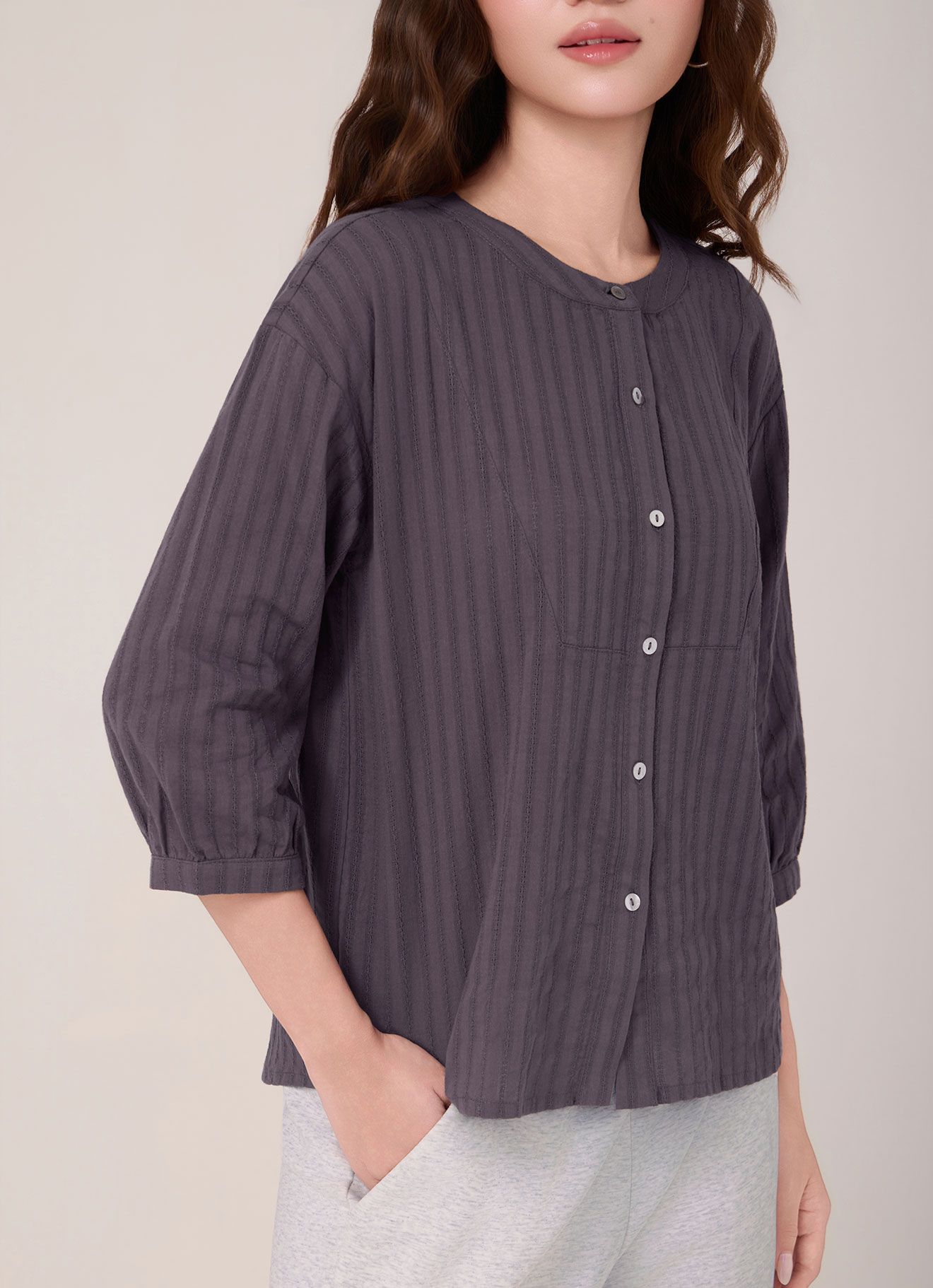 Huckieberry by Collarless Striped Blouse