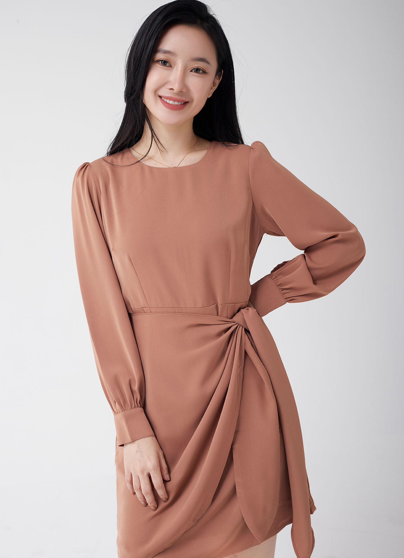 Mocha-Mousse  by Long Sleeve Dress