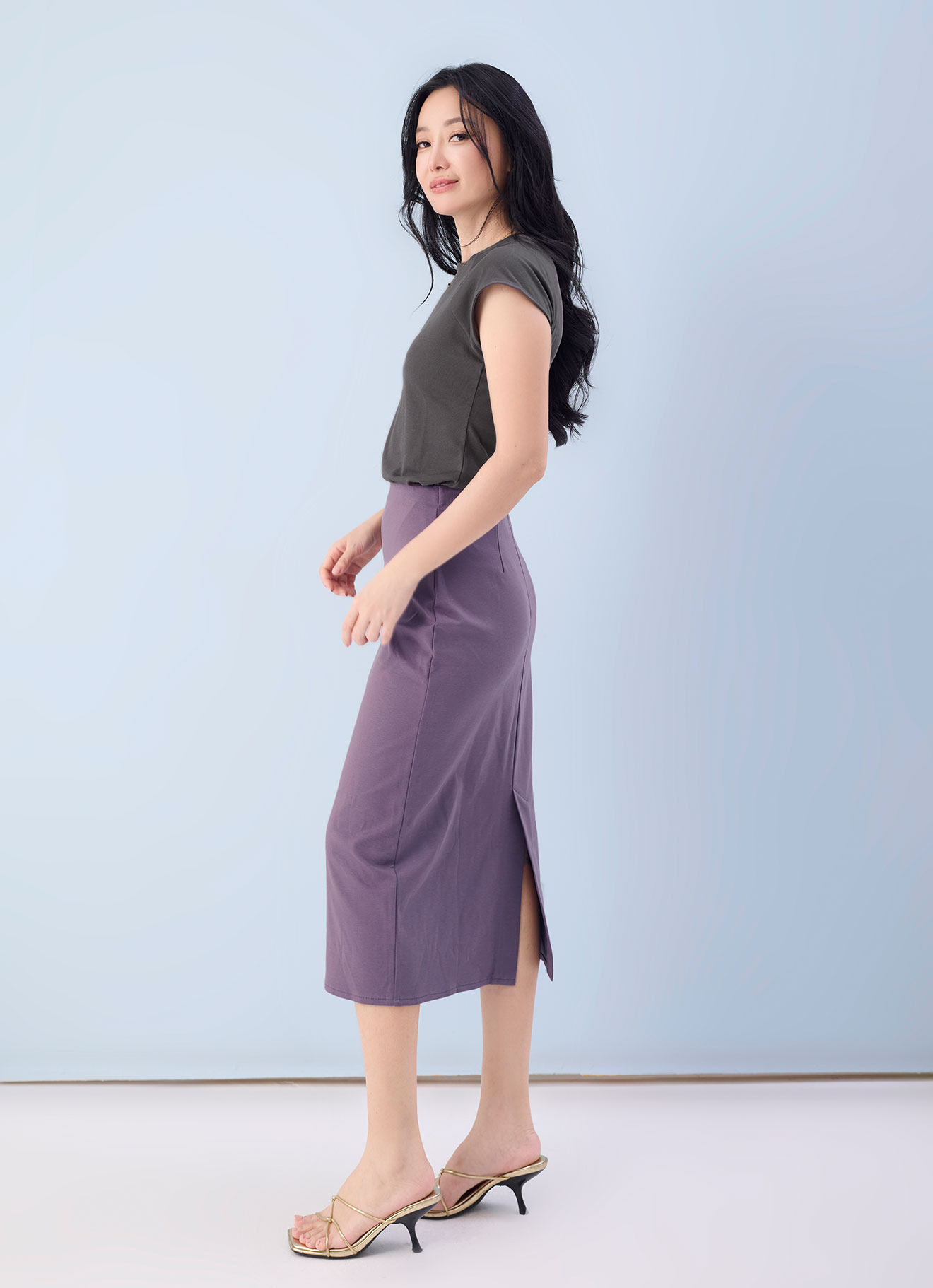 Plum-Wine by High Waist Midi Skirt