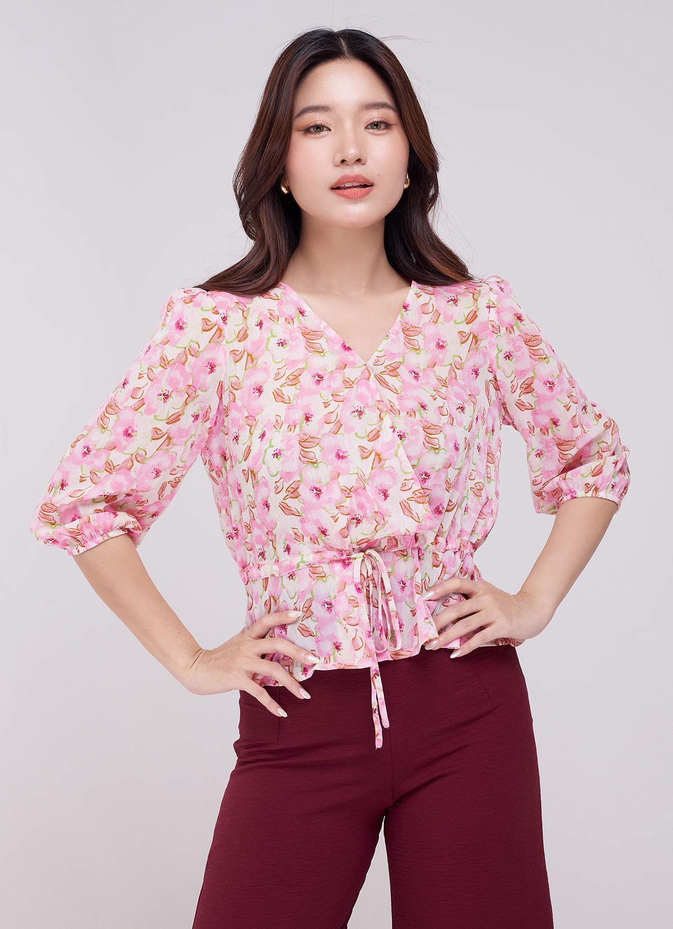 Prism-Pink  by V-Neck Blouse