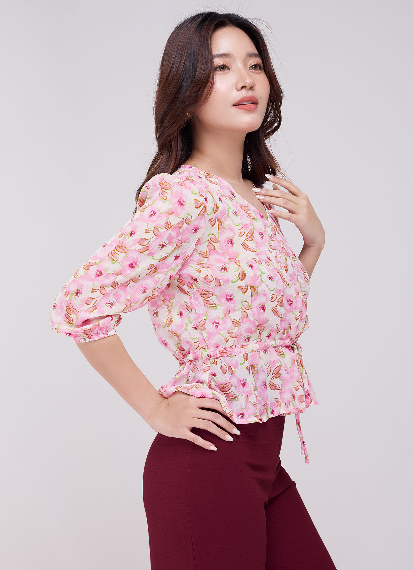 Prism-Pink  by V-Neck Blouse