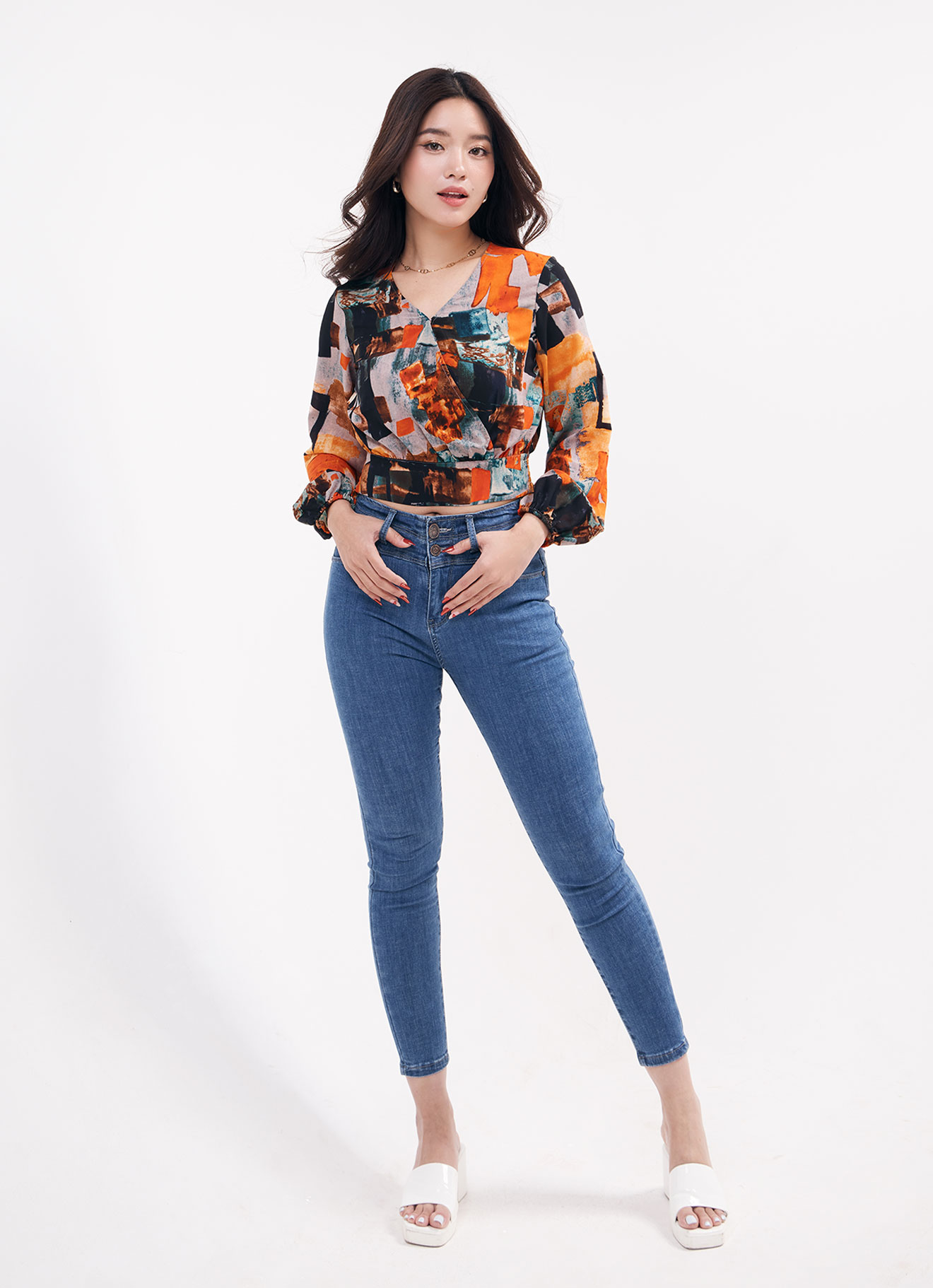 Red-Orange  by V-Neck Top