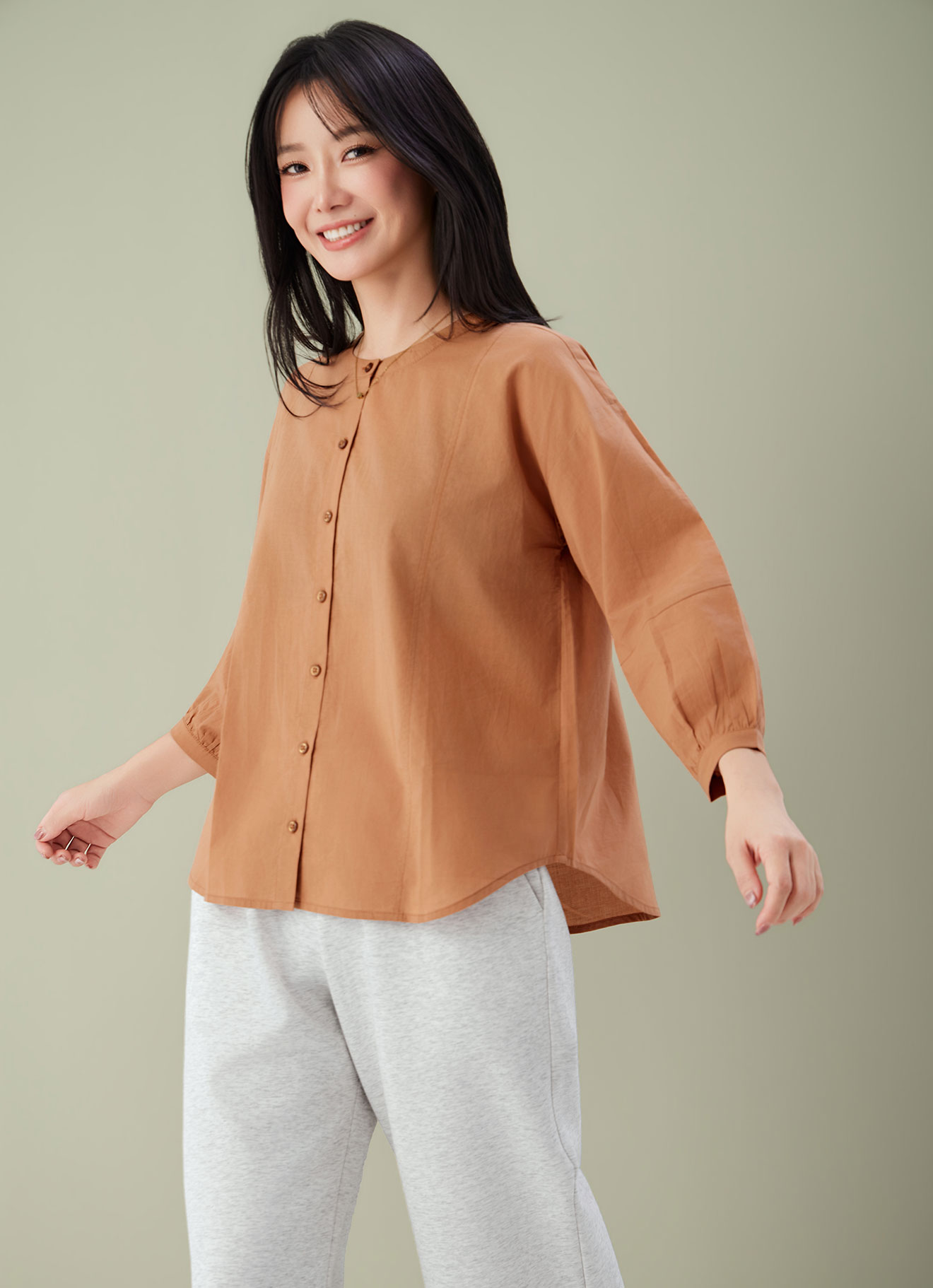 Sandstone  by Collarless Sleeve Blouse