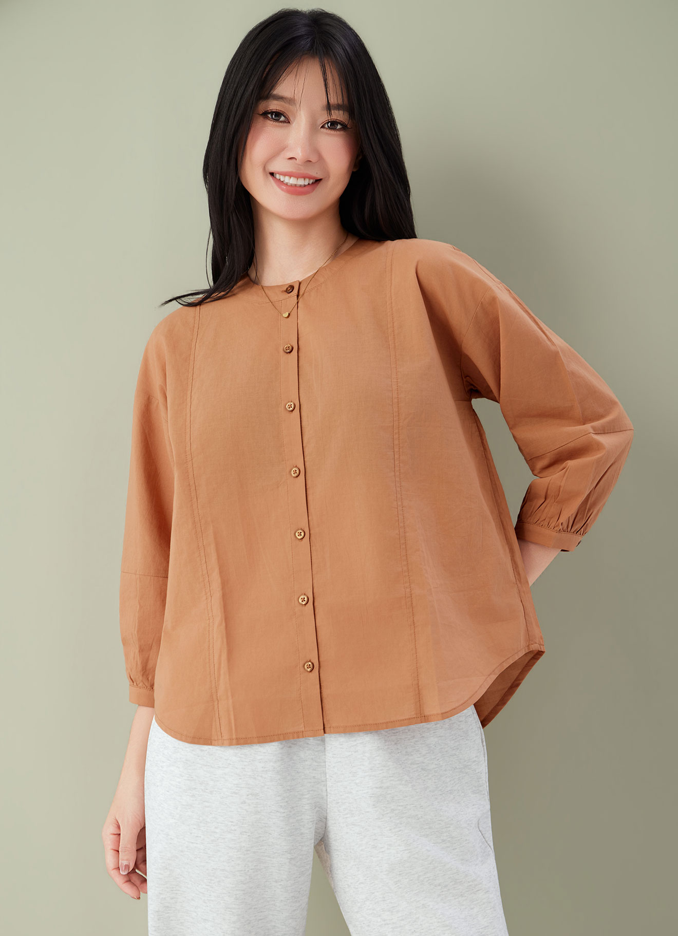 Sandstone  by Collarless Sleeve Blouse