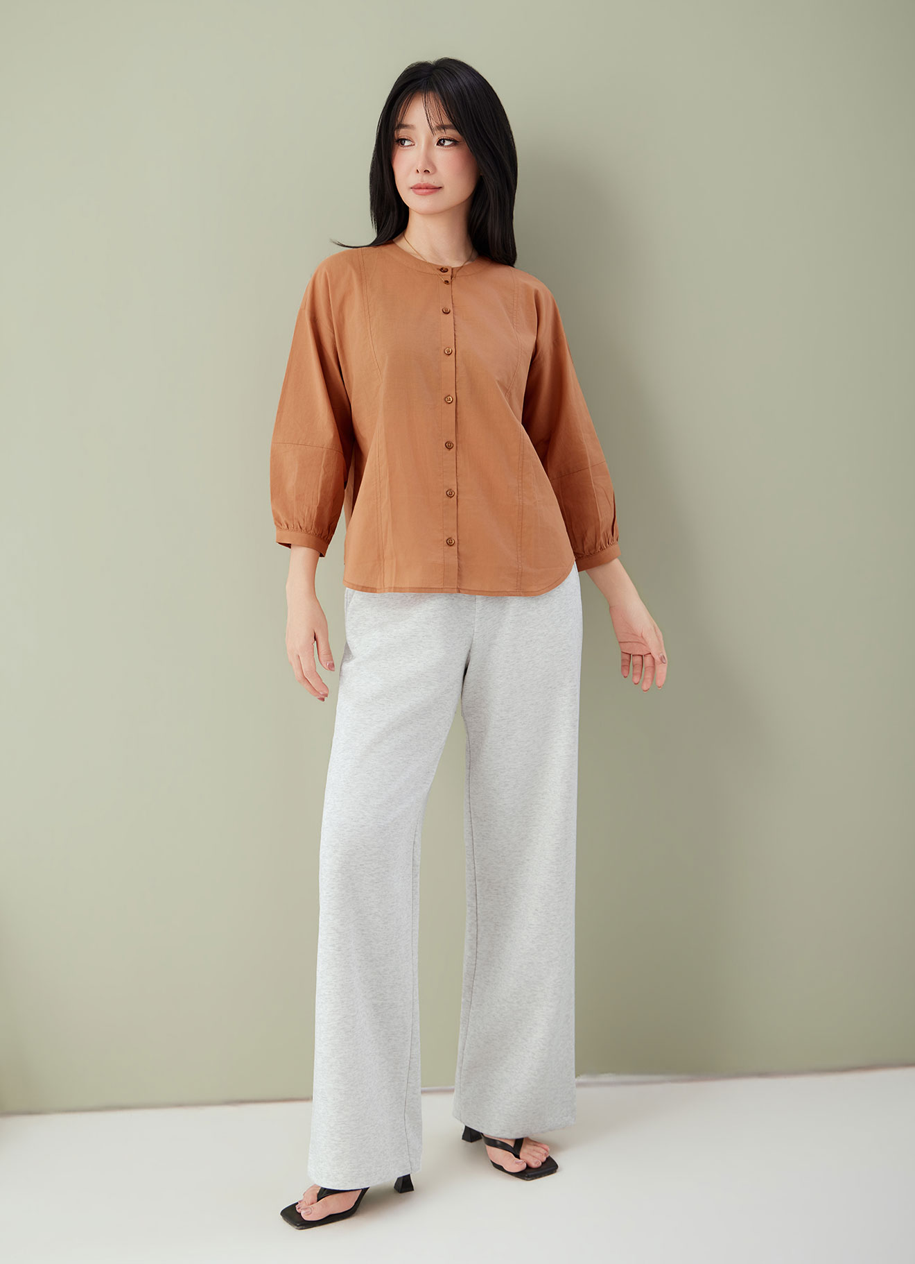 Sandstone  by Collarless Sleeve Blouse