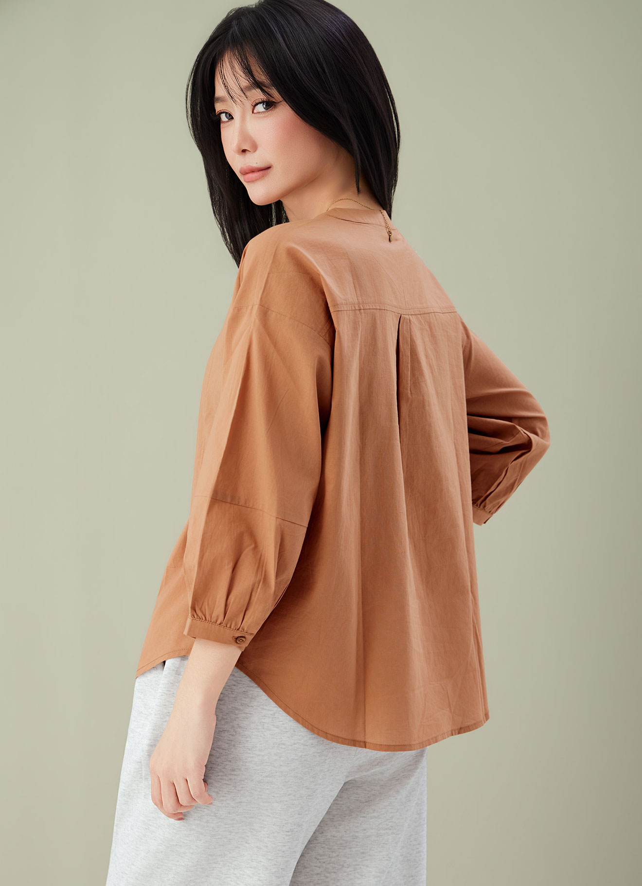 Sandstone  by Collarless Sleeve Blouse