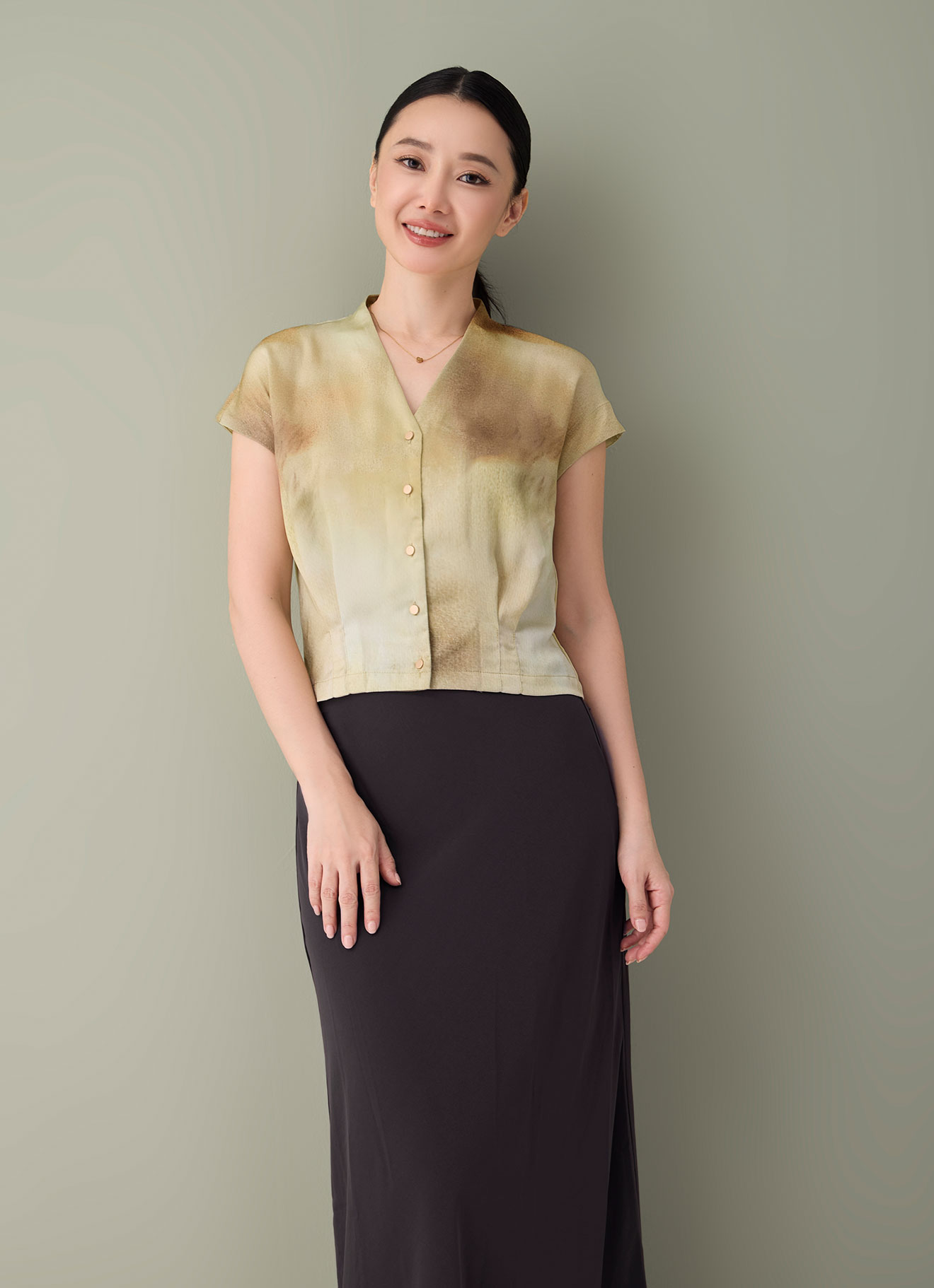 Tobacco-Brown by V-Neck Blouse
