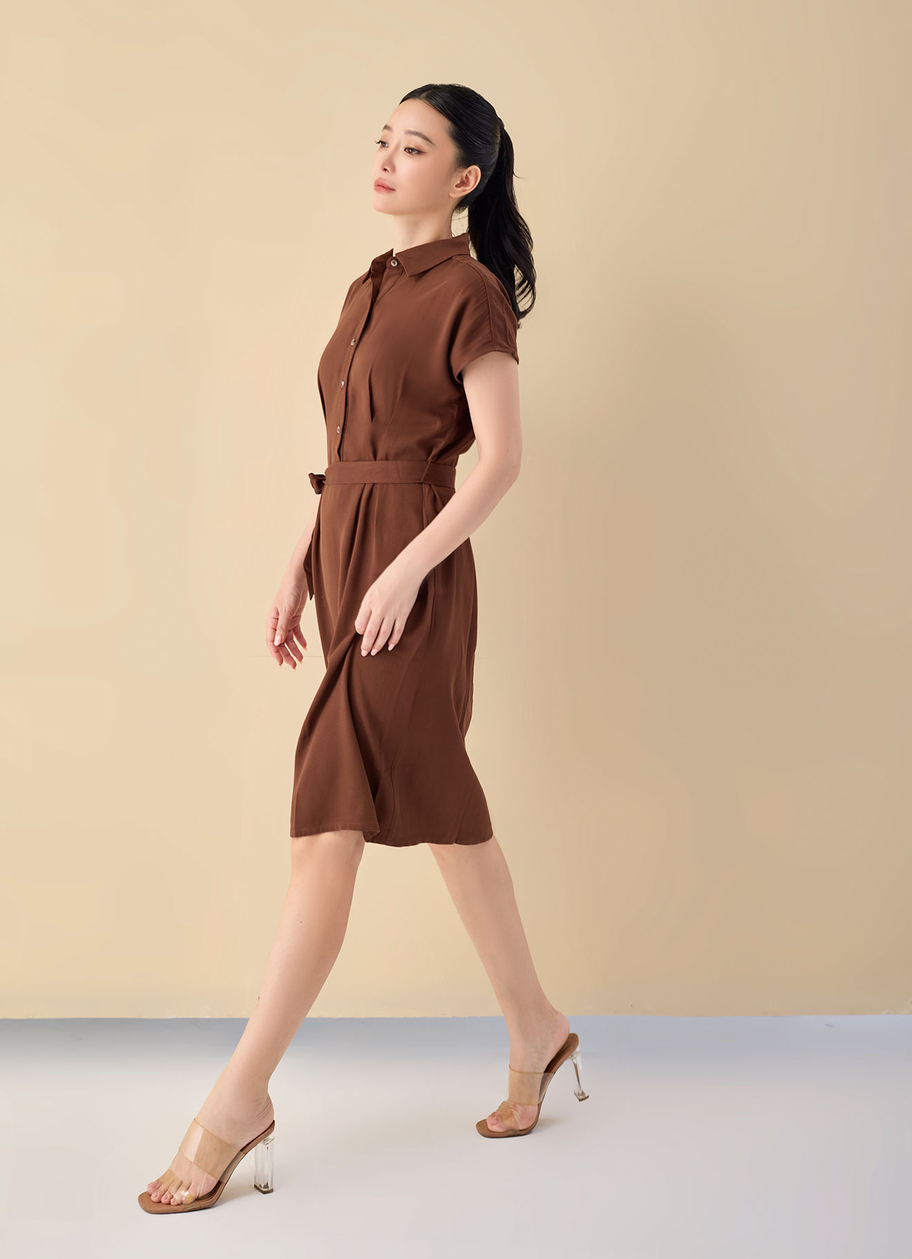 Tortoise-Shell by Shirt Collar Dress with Belt