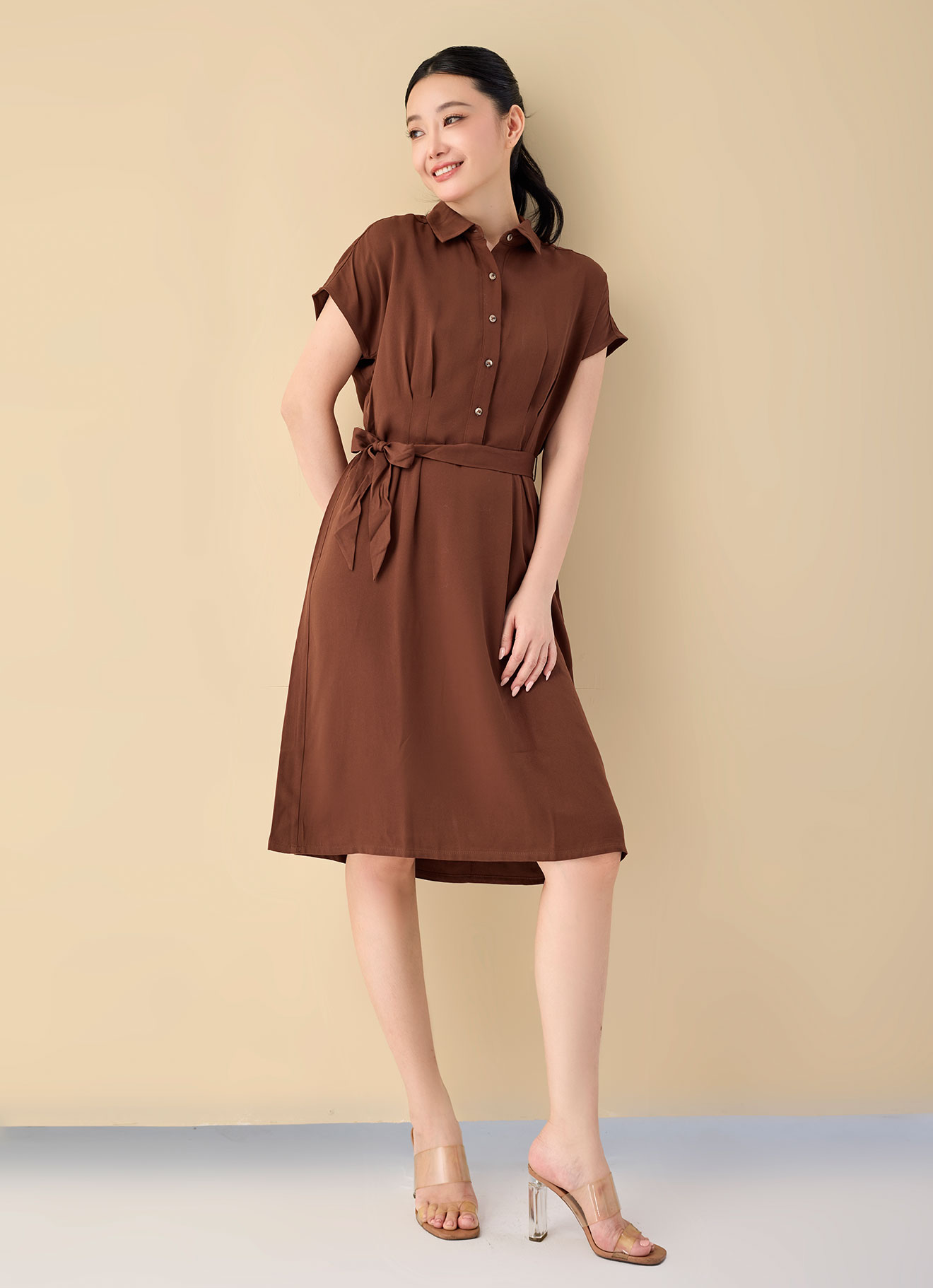 Tortoise-Shell by Shirt Collar Dress with Belt