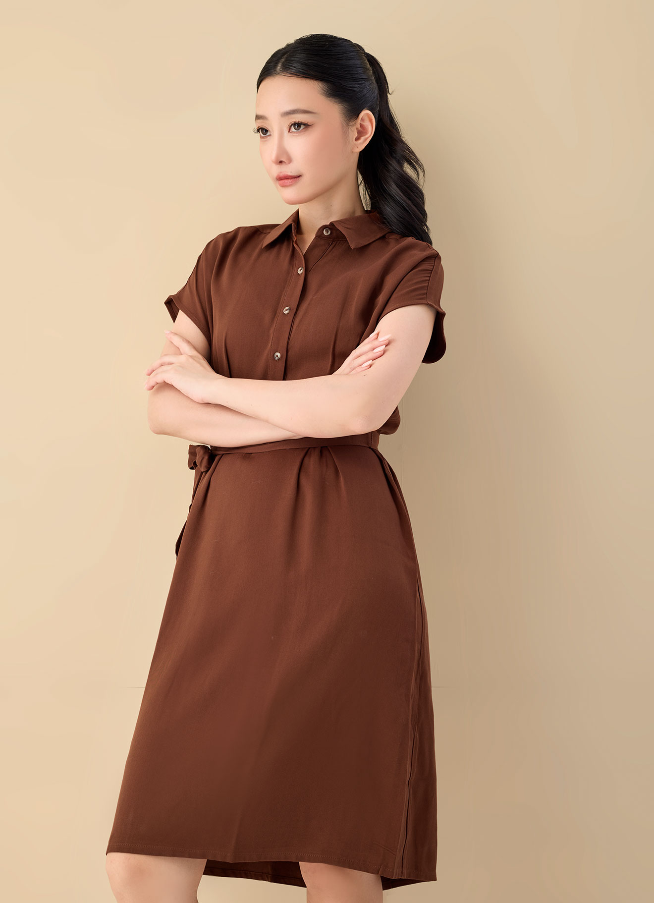 Tortoise-Shell by Shirt Collar Dress with Belt